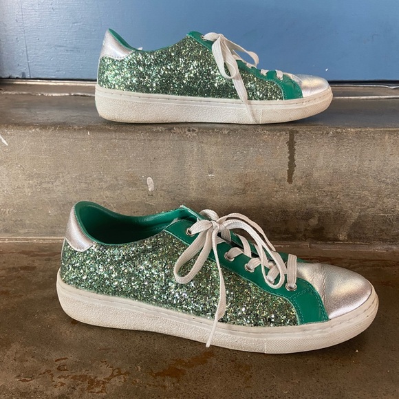 Skechers Goldie Green and Silver Glitter Sneakers - Picture 2 of 8